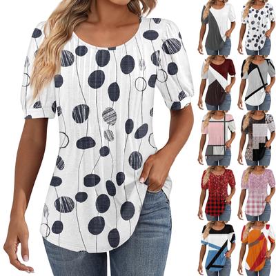Women's Puff Short Sleeve Tunic Tops Pleated Neck Blouses Casual Loose Spring And Summer T-Shirts