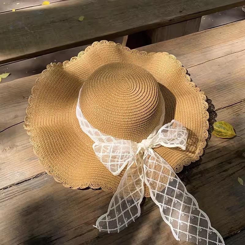 Straw Braid Ruffle Bow Beach Hat - Large Brim, Fairy Style, Dome for Large Head Circumference