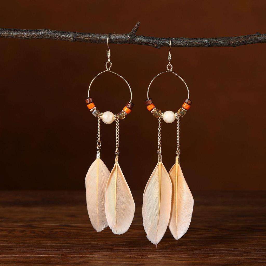 Bohemian Feather & Chain Seed Bead Hoop Earrings - Ethnic Style, Long Design