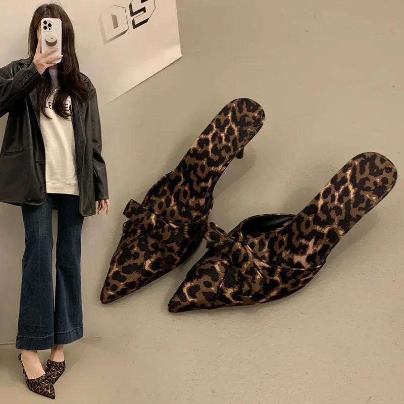 Korean Style High Heel Women's Slippers Spring Summer New Butterfly Knot Pointed Toe Shoes Thin Heel Leopard Print Slip-On