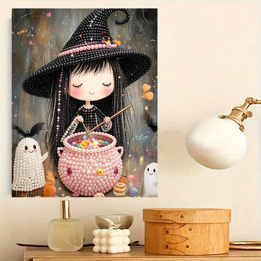 Frameless Pearl Painting Kit Cute Little Witch Cauldron Pattern DIY Shiny Bead Canvas Creative Leisure Craft Gift for Adults