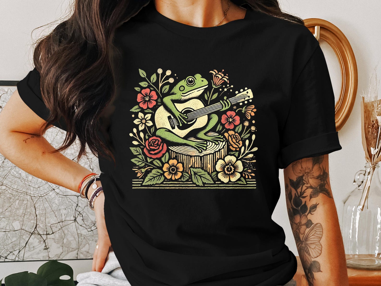 Whimsical Frog Playing Guitar T-Shirt, Cottagecore Frog Lover Shirt, Nature Inspired Graphic Tee, Cute Animal Musician T-Shirt S
