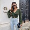 Balloon Sleeve Sweater Women Solid Color Cropped Knotted V Neck Autumn Winter Sizes S to L