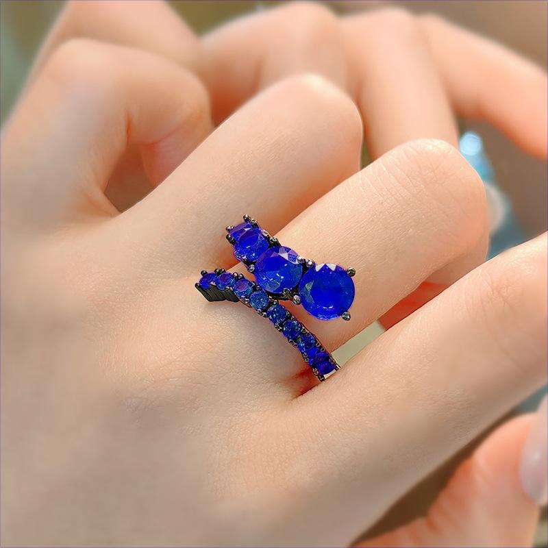 Ring Interactive Row Diamond Imitation Red Corundum Ring Female Creative Black Gold Plated Spinel Blue Stacked Wearing Ring