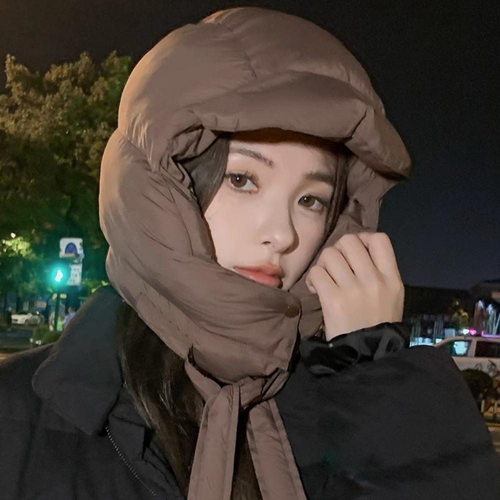 Simple Solid Color Padded Pullover Cap Korean Style Windproof Balaclava Hat Harajuku Hooded Puffy Ear Protection Cap Girls