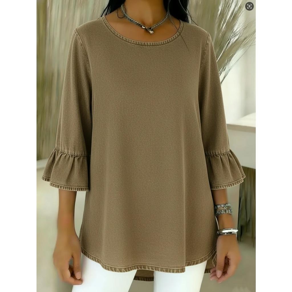 Spring Summer Casual Women's Crew Neck T-shirt Flounce Sleeve 3/4 Sleeve Top