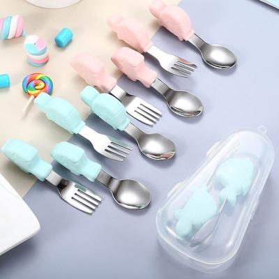 1set Baby Tableware Set, Children Utensil, Stainless Steel Toddler Dinnerware Cutlery Cartoon Infant Food Feeding Spoon Fork