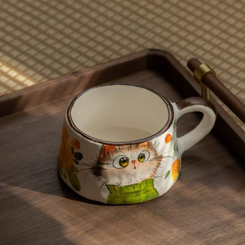 Cute Cat Ceramic Mug,Vintage Hand-Painted Ceramic Mug, Retro Floral Coffee Cup, Handmade Art Teacup for Home Office
