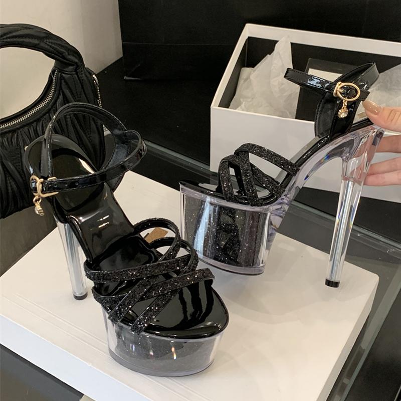 Fashion Liyke Fashion Buckle Strap Platform Sandals Women Gold Sequined Narrow Band Open Toe 17CM Transparent Heels Wedding Banquet Shoe