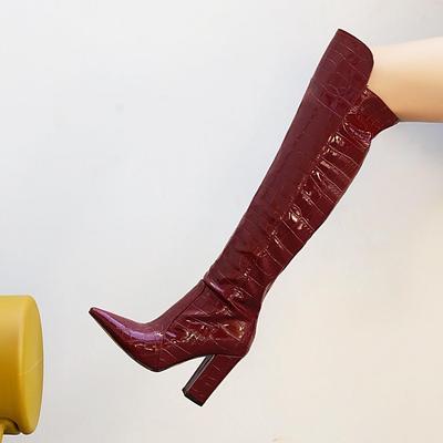 Q/Women's High Heel Boots New Fashion Pointed Thick Heel Crocodile Skin Pattern Large Size Boots
