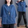Vintage Denimhemd mit Kapuze Karomuster Patchwork Lässige Langarmbluse Locker Frühling Blau Oberteile für Damen