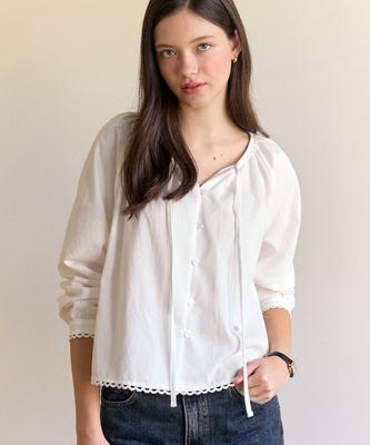 OURHOPE Peach Ribbon Shirring Blouse - Ivory