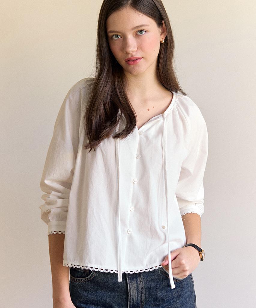 OURHOPE Peach Ribbon Shirring Blouse - Ivory