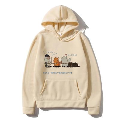 Men Hip Hop Unisex's Hoodies Streetwear Japanese Kanji Harajuku Funny Cat Unisex Hoodies Sweatshirts Autumn Winter Oversized Clothing