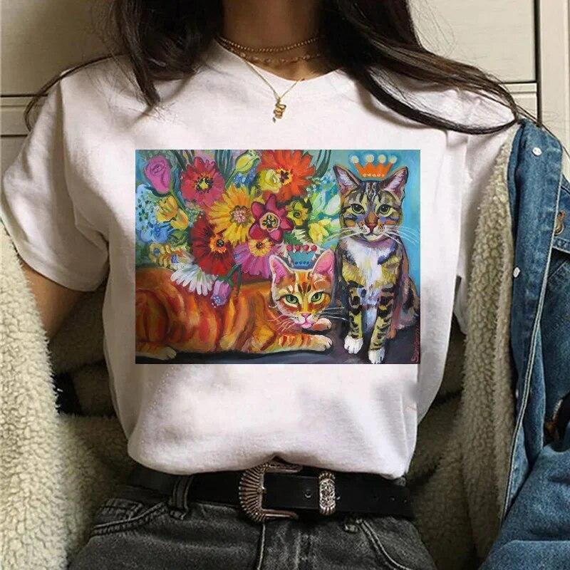 Camiseta Gato Van Gogh woUnisex estampado artístico pintura al óleo hermosa linda divertida camiseta dibujos animados años 90 ulzzang top casual camiseta mujer