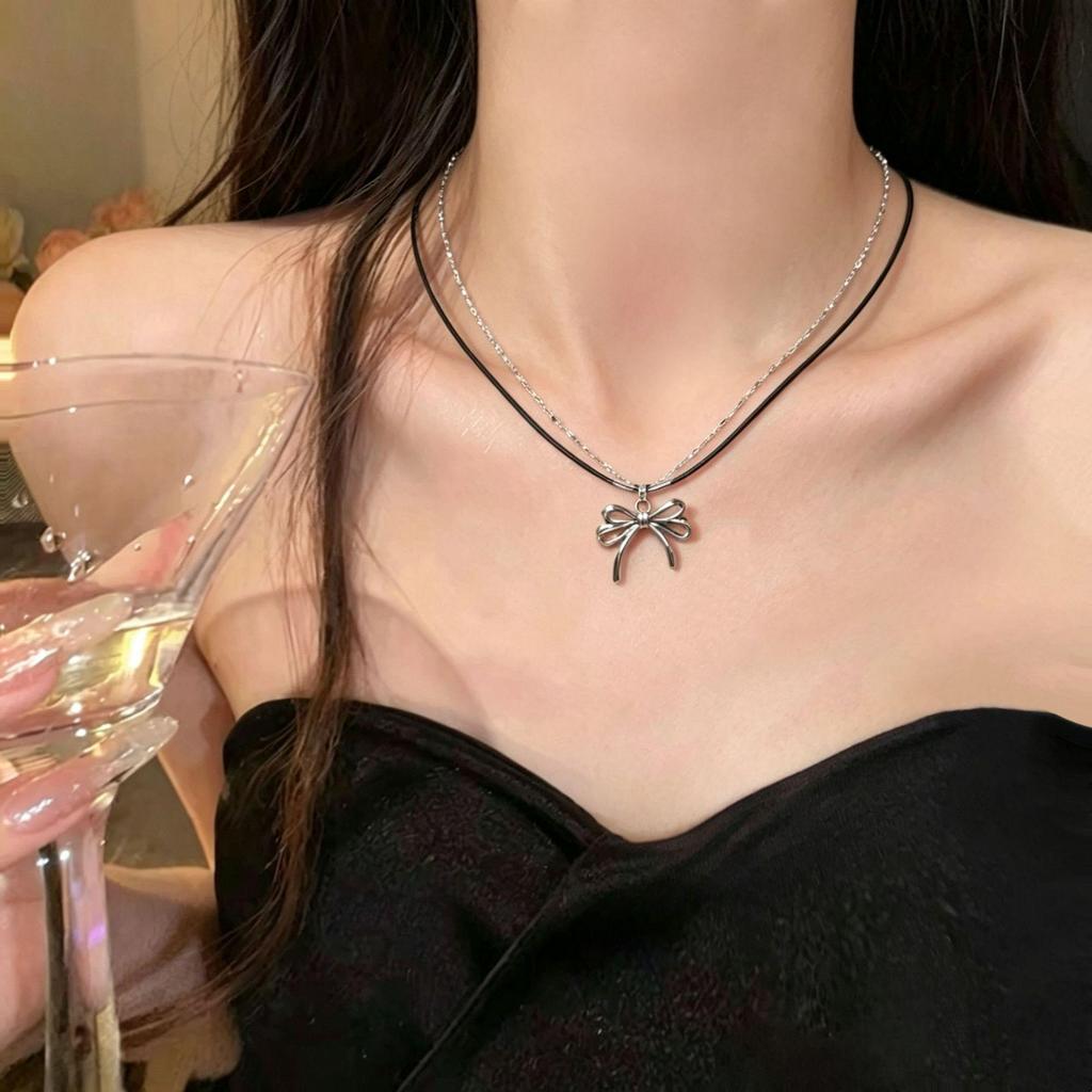 Double Layer Black Rope Bow Tie Glitter Titanium Steel Clavicle Necklace for Women - Sweet, Cool Style Choker Accessory.