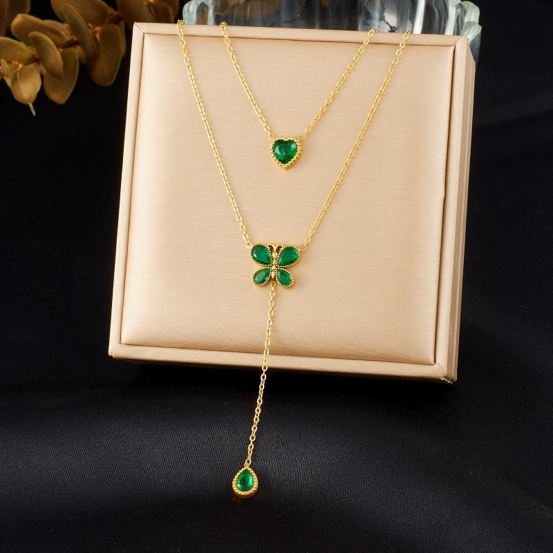 Gold Double Layer Green Cz Butterfly and Heart Y-drop Necklace зелёный