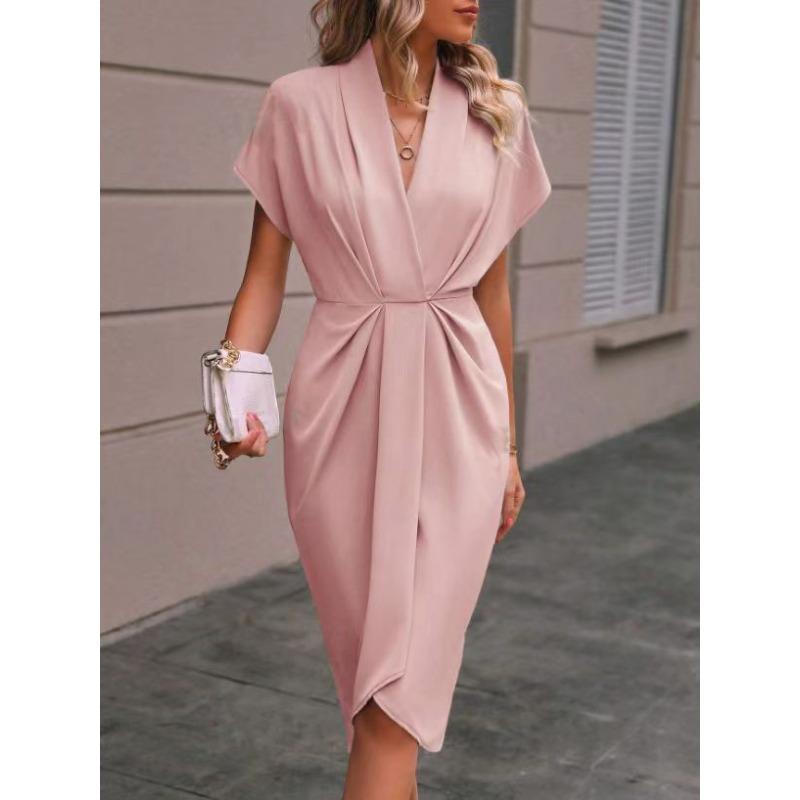 women's Satin V Neck Batwing Short Sleeve Twist Front Wrap Midi Dress Elegant Party Cocktail Dress