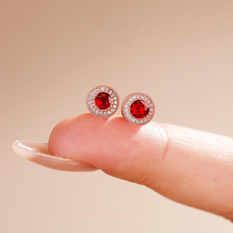 Granatapfelrote Ohrstecker für Damen, leichter Luxus, Temperament, hochwertige Imitation Rubin, runde Ohrringe