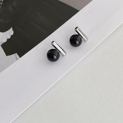 Silver Needle Black Control Black Agate One-Word Geometric Stud Earrings Sweet Cool Temperament Earrings Earrings Women