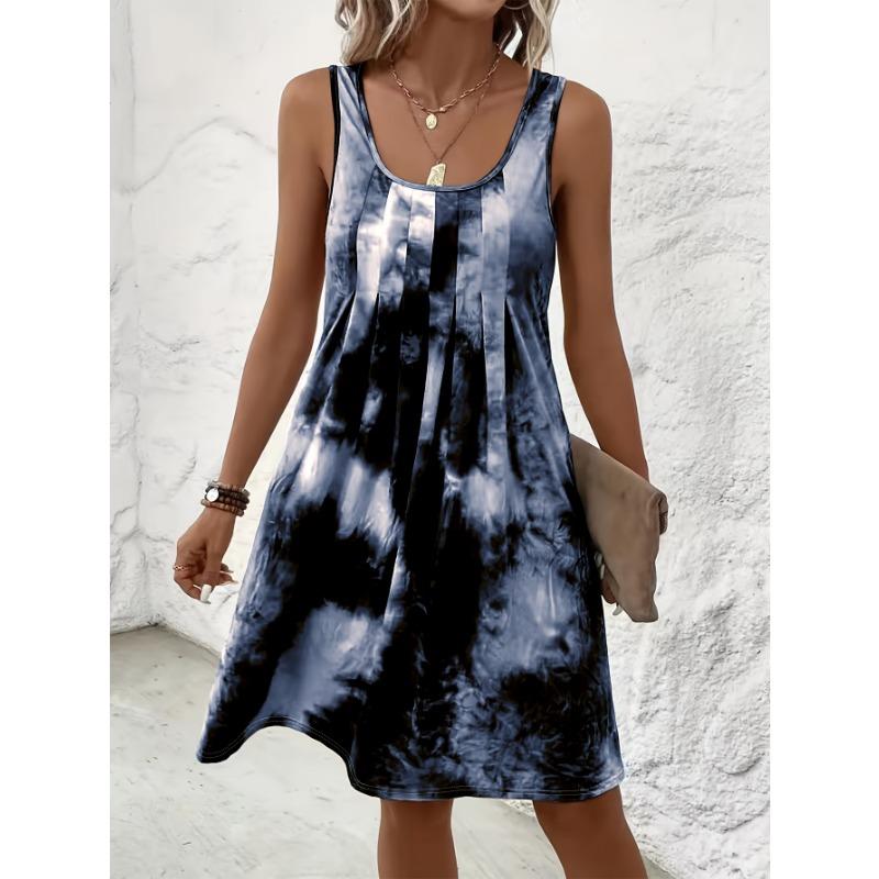 Sukienka Damska Plus Size z Nadrukiem Tie Dye, Okrągłym Dekoltem i Plisami, Casualowa, Bez Rękawów, Luźna