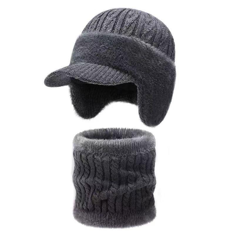 Winter Cozy Beanie with Brim and Ear Flaps Warm Cycling Windproof Knitted Hats Fashion Caps Scarf GZW