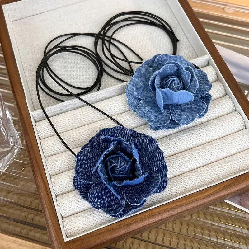 Collier ras du cou tendance avec pendentif en forme de fleur et de rose pour femme, chaîne de clavicule, en jean, réglable, corde cirée, style Y2K