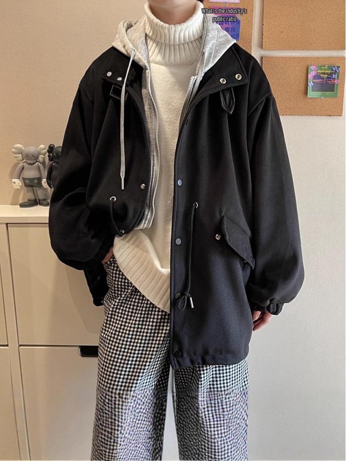 Men's Autumn & Winter Wool Coat: Casual Loose Fit, Hooded Korean Trend, Faux Layered Design.