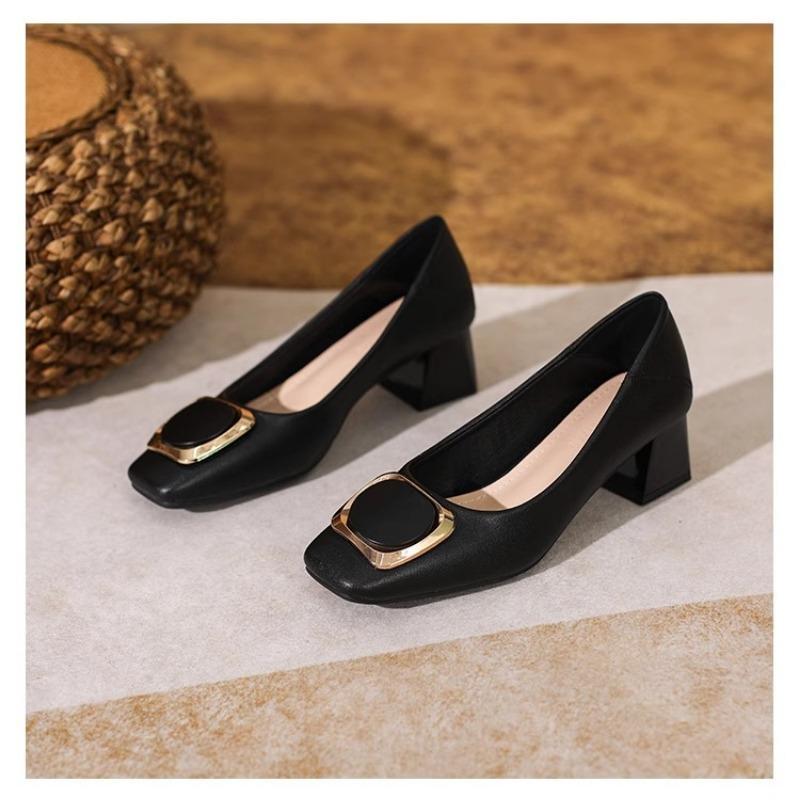 

Весна и лето новая модель туфли на толстом каблуке с квадратным носком и мелким вырезом на среднем каблуке женские черные рабочие туфли 41 чёрный
