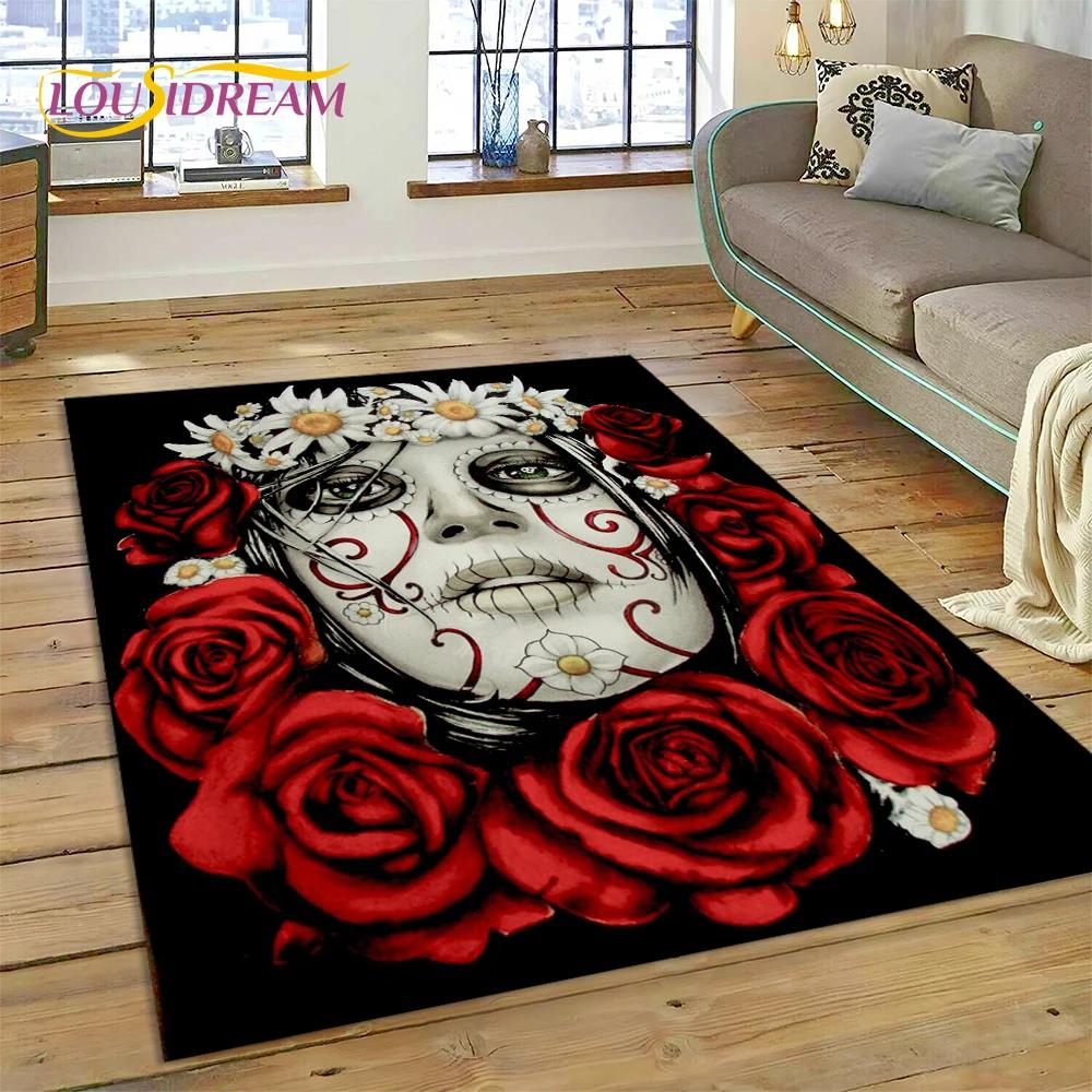 Skull Dead Girl 3D Gothic Horror Female Rose Rug Carpet for Living Room Bedroom Decor,Non-slip Decoration for Sofa Doormat Gift