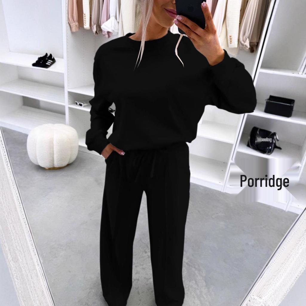 2026 Autumn/Winter European & American Style Casual Two-Piece Set: Drop Shoulder Long Sleeve Top & Ruched Long Pants