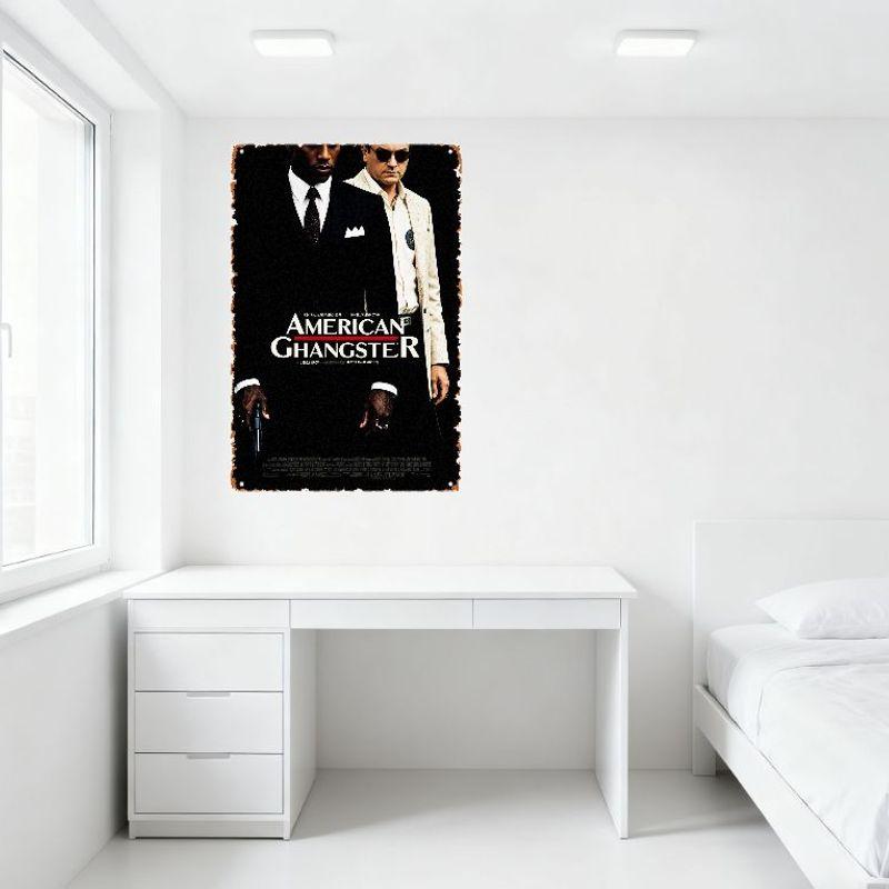 American Gangster Vintage Metal Tin Sign, Denzel Washington & Russell Crowe Crime Drama Poster, Rustic Aged Metal Border for Man