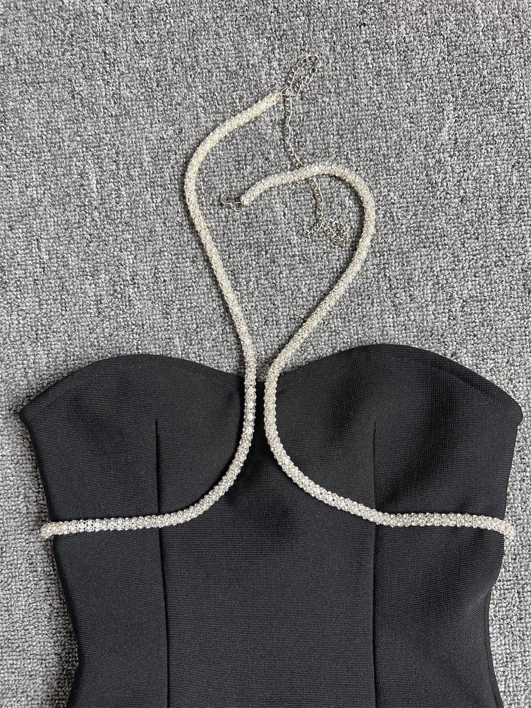 Women's European & American Halter Strapless Diamond Chain Bodycon Evening Dress