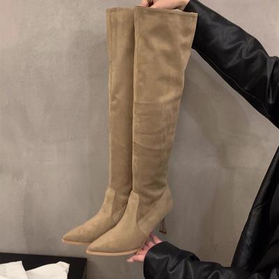 High Heel Pointed Khaki Suede Pile Boots Women's Shoes Spring and Autumn Single Boots Skinny Long Knight Boots