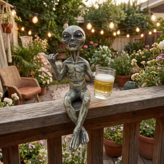 Figurina Alieno in Resina con Bicchiere di Birra, Ornamento Decorativo da Scrivania, Decorazione Creativa da Tavolo per Casa Soggiorno Camera da Letto Ufficio Giardino Balcone