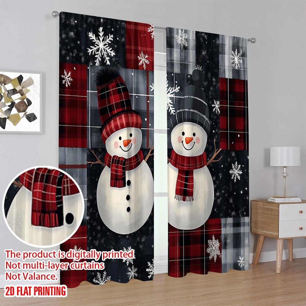 2pcs,2D plane printing Popular Curtains Buffalo Plaid Snowman Family (2) Polyester Fabric (without rod) Festive Perfect for