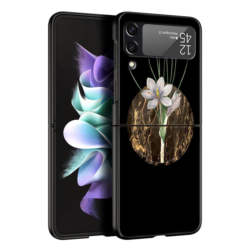 Handyhülle mit Vintage-Blumen-Motiv, botanischer Marmor, für Samsung Galaxy Z Flip 3, 4, 5, schwarze faltbare Handyhülle, harte Schutzhülle