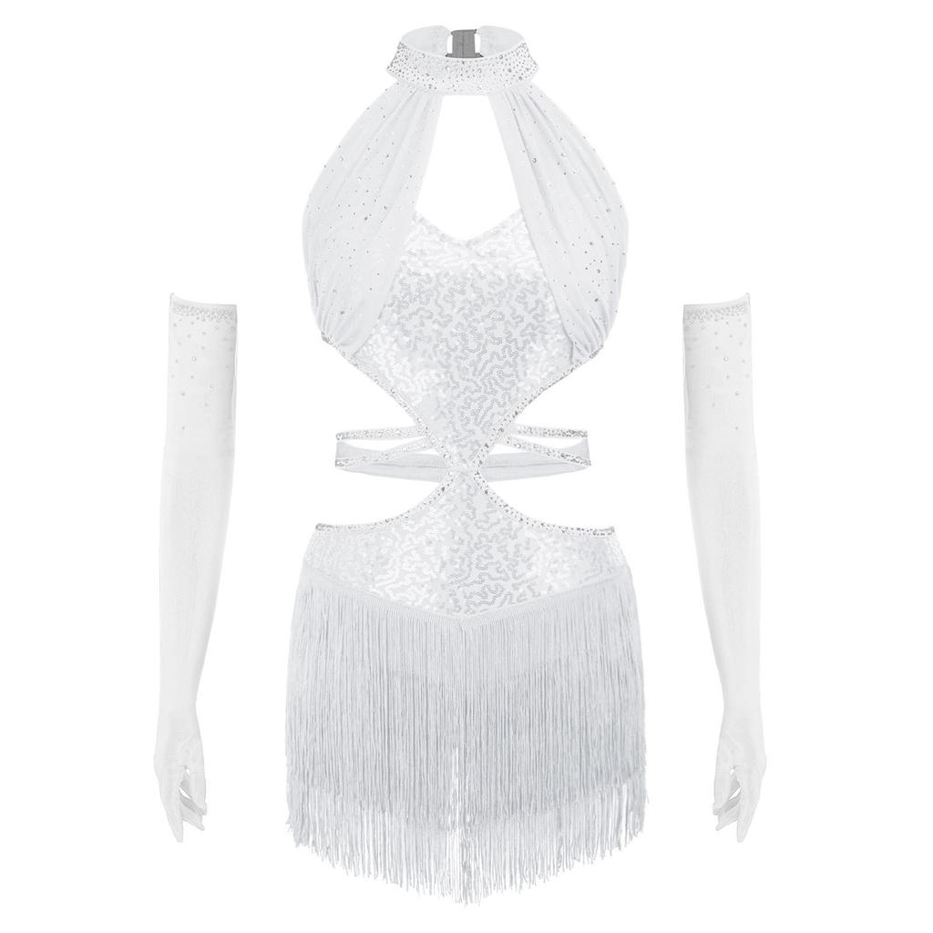 Damen Latin Dance Fransenkleid Cutout Ärmellos Träger Taille Quasten Saum Paillettenkleid mit Langen Handschuhen