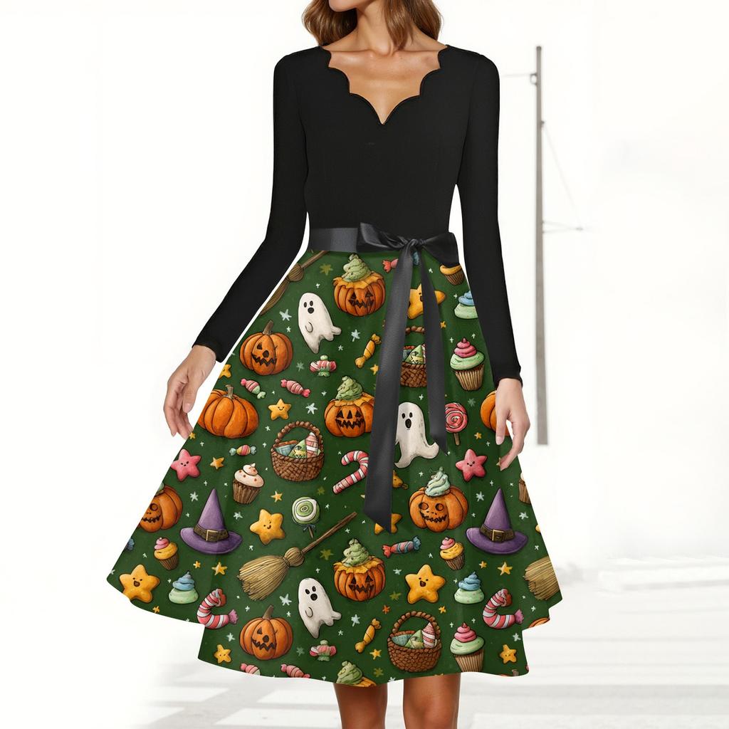 Women's Casual Fashion Halloween Printed V-Neck Vintage Dress