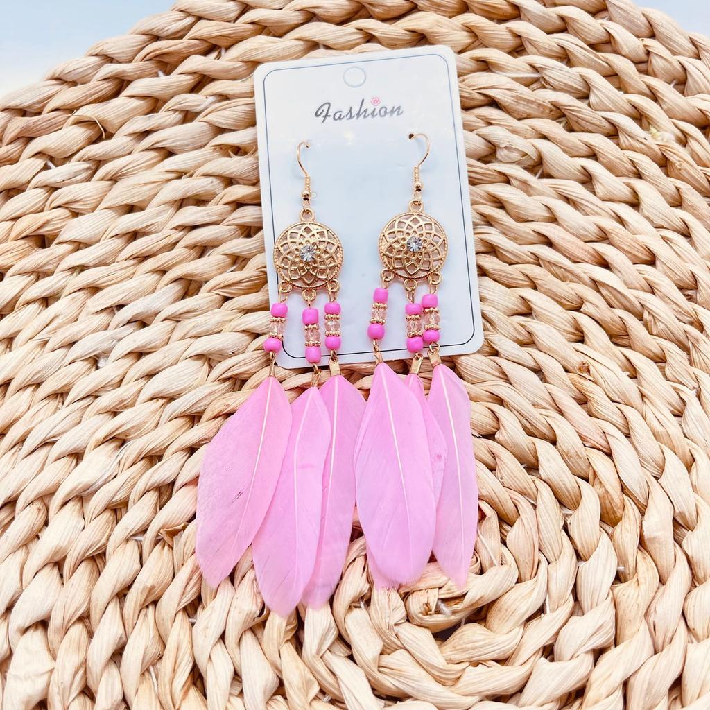 Vintage Bohemian Feather Tassel Earrings Exaggerated Ethnic Vacation Dangle Ear Jewelry Fashion Accessories For Women