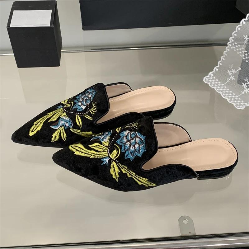 Fashion Eilyken Summer Embroidery Pointed Toe Slippers Women Fashion Low Heels Casual Party Mules Shoes Zapatos De Mujer