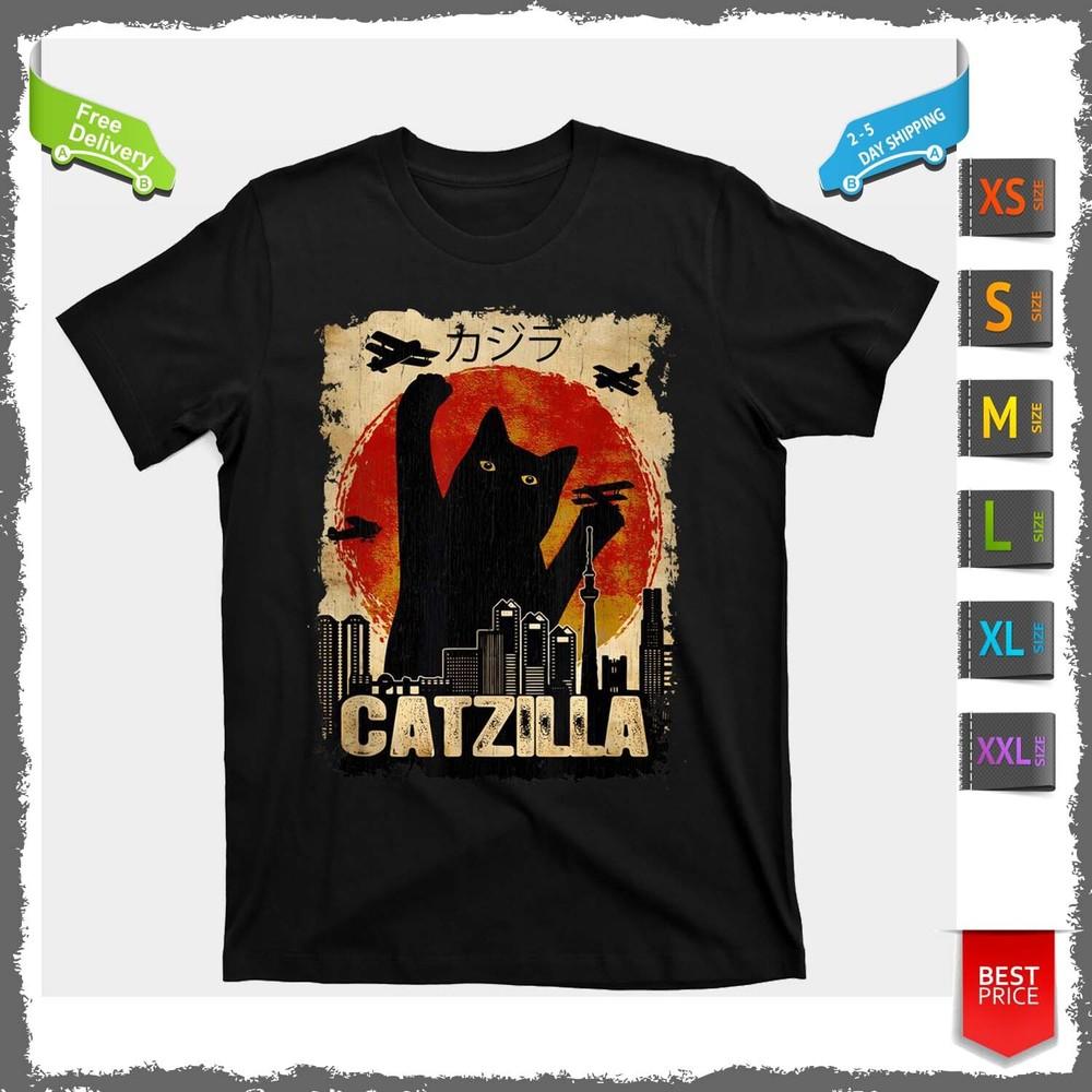 Catzilla Vintage Tee Funny Kitten And Cat Art Japanese Sunset T-Shirt Men Women Unisex T-Shirt S