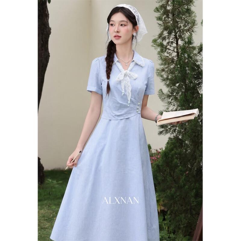 Deer Xiangnan  Moonlight Serene  Blue Striped A-line Dress with Scarf S