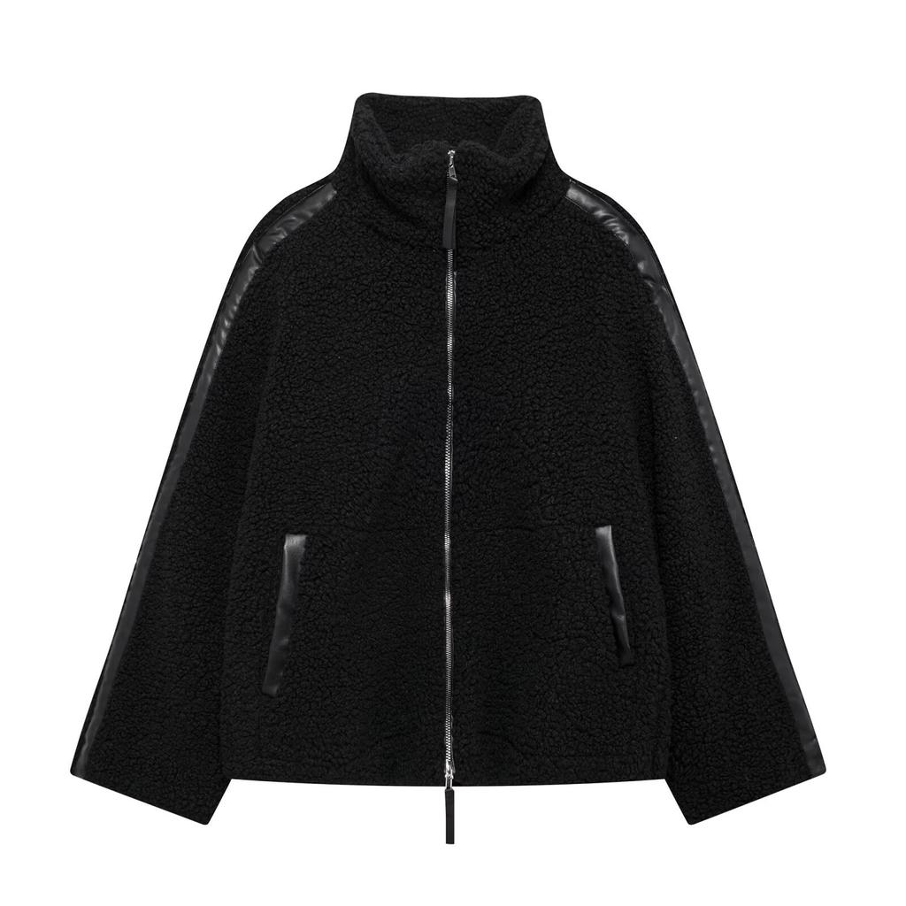 Giacca Cardigan da Donna Versatile Larga con Collo Rialzato in Velluto Teddy e Zip Doppia, Stile Europeo e Americano