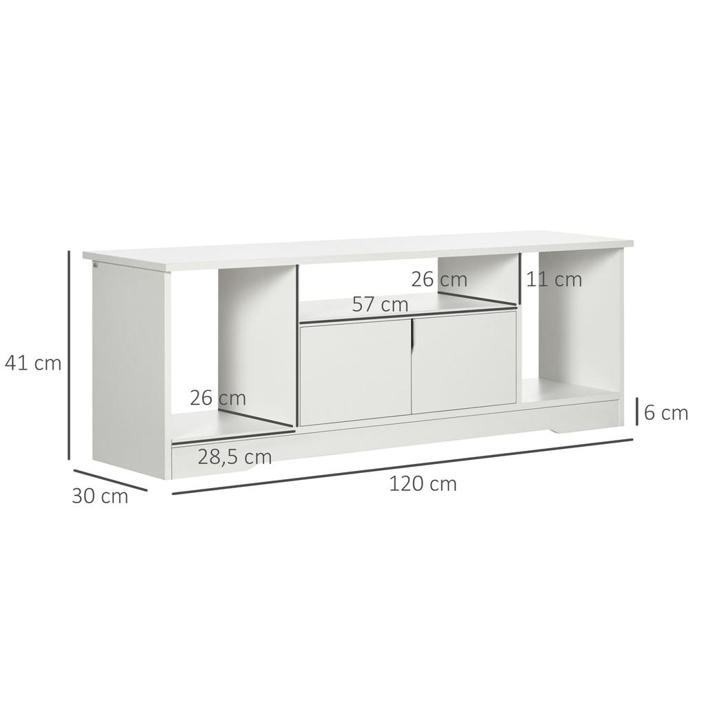 Mobile TV Panca TV Design Contemporaneo - 3 Scomparti Aperti, Armadietto a Doppia Porta - Dim. 120L x 30P x 41A cm - Truciolato Bianco