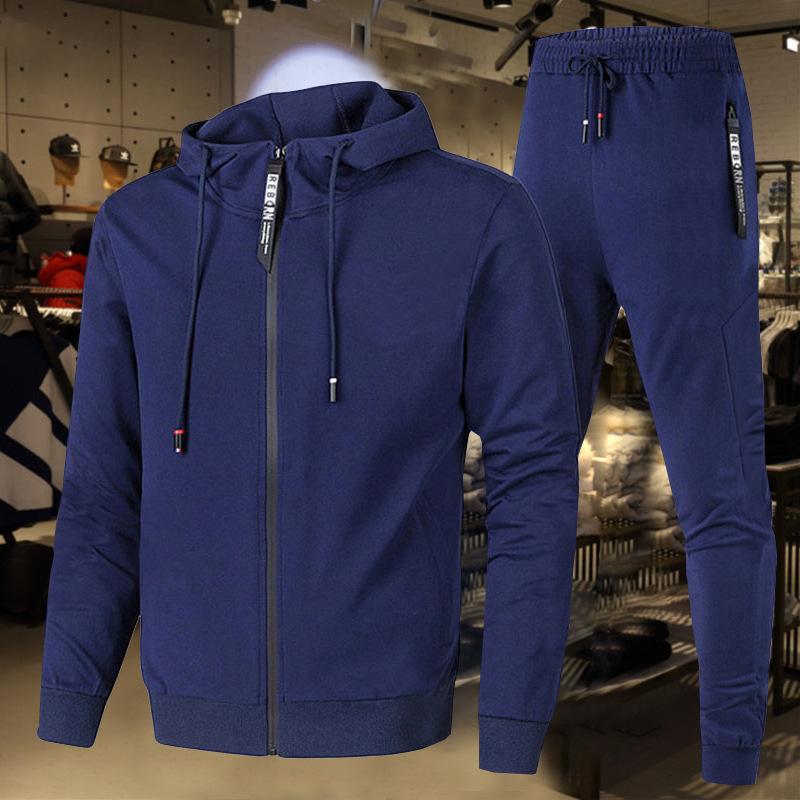 Men's Large Size Single Layer Casual Set Long Sleeve Hooded Zipper Shirt + Pants 2 Piece Set