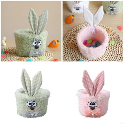 55KF Bunnies Easters Buckets with Long Plush Ear Easters Eggs Baskets Easters Party Decors Candy Bowl Easters Basket