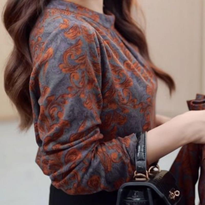 Autumn and Winter Warm Bottoming Shirts for Women Stand-up Collar Tops Fashionable Printed Contrasting Color Casual Tops