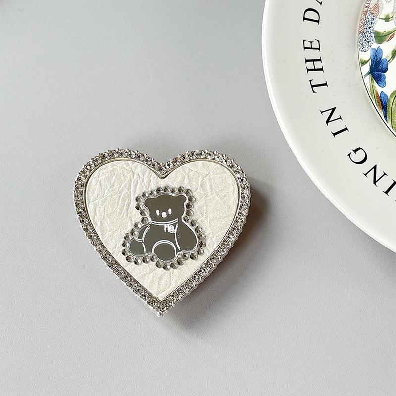 Heart-Shaped Luxury Bear Mirror Leather Phone Holder & Magnetic Ring