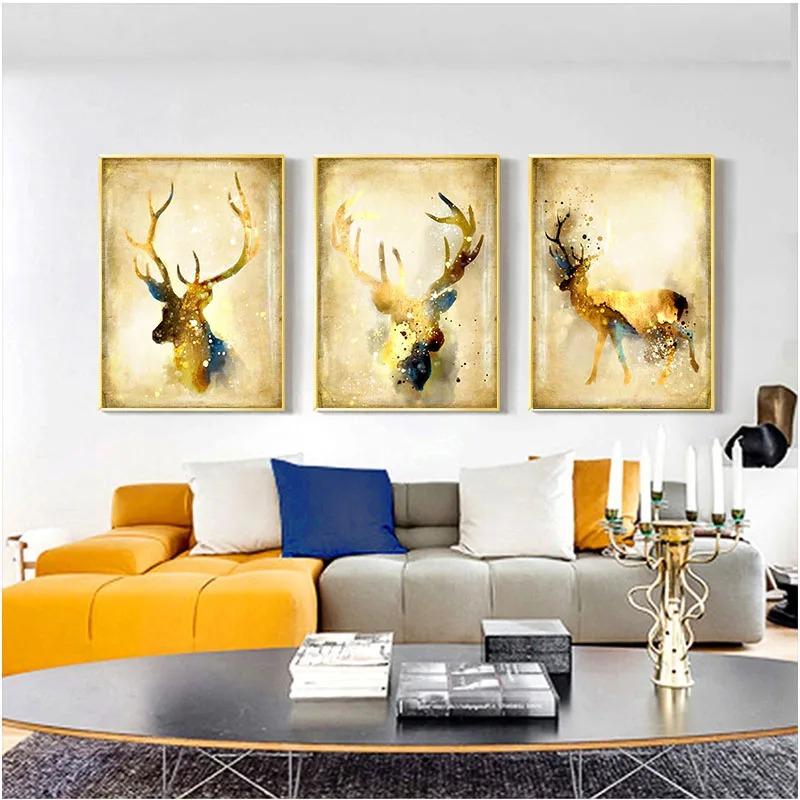 Modern Deer Elk Yellow Canvas Painting Nordic Animal Posters and Prints Wall Art Picture Cuadros For Living Room Home Decoration